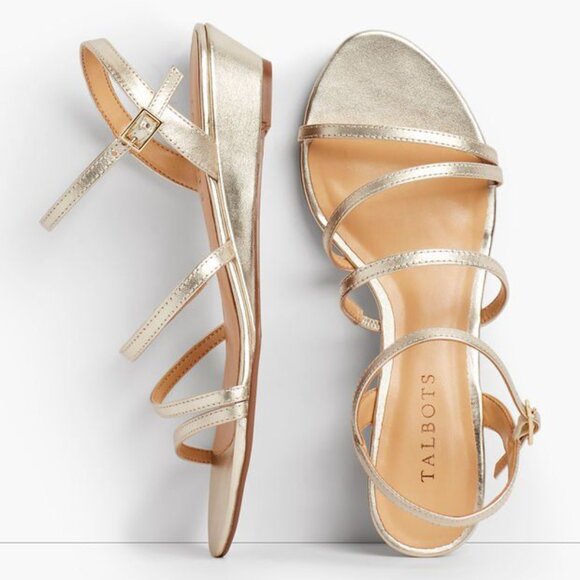 Talbots Multi Strap Mini Wedge Sandals - Metallic Leather Sz 8 - Picture 1 of 13